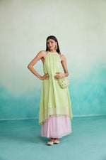 Load image into Gallery viewer, Limeade kurta skirt set - Lime &amp; Orchid Pink Hand embroidered Kurta Skirt set
