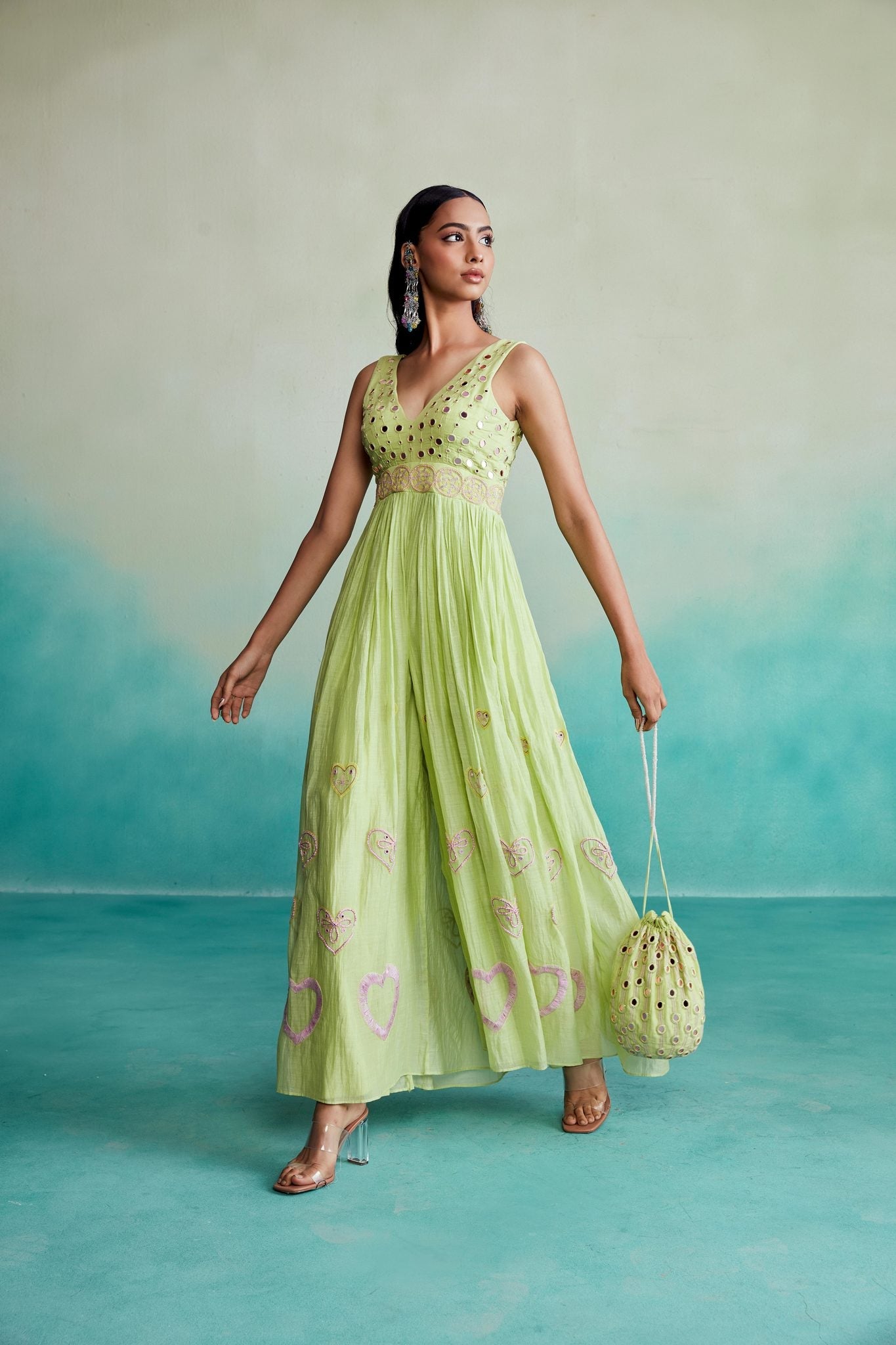 Citrine jumpsuit - Lime Hand embroidered gathered Jumpsuit