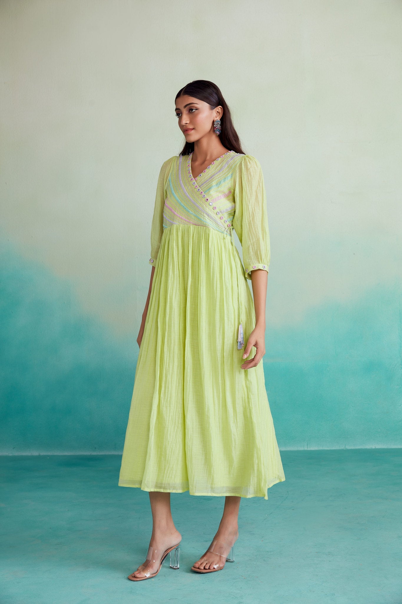 Vivid dress - Lime Hand embroidered gathered Dress