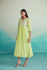 Load image into Gallery viewer, Vivid dress - Lime Hand embroidered gathered Dress
