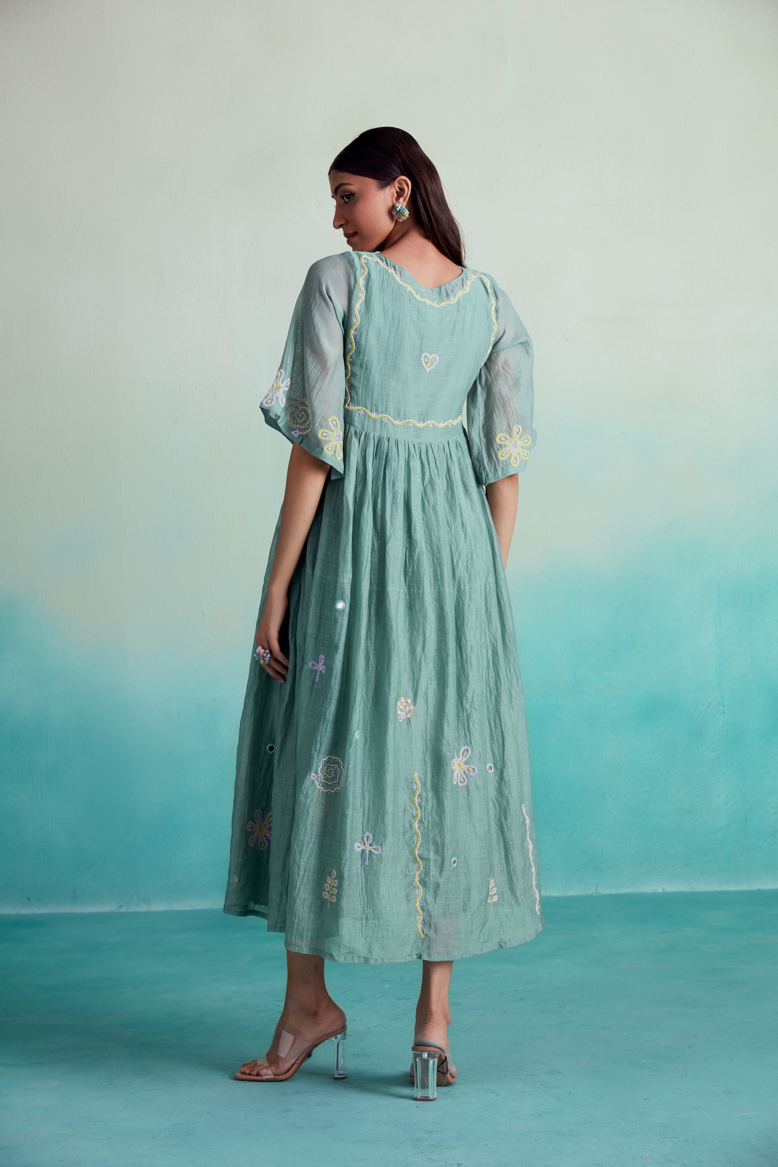 Enchantmint dress - Mint Hand embroidered gathered Dress
