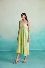 Load image into Gallery viewer, Vividora dress - Lime Hand embroidered one shoulder Dress
