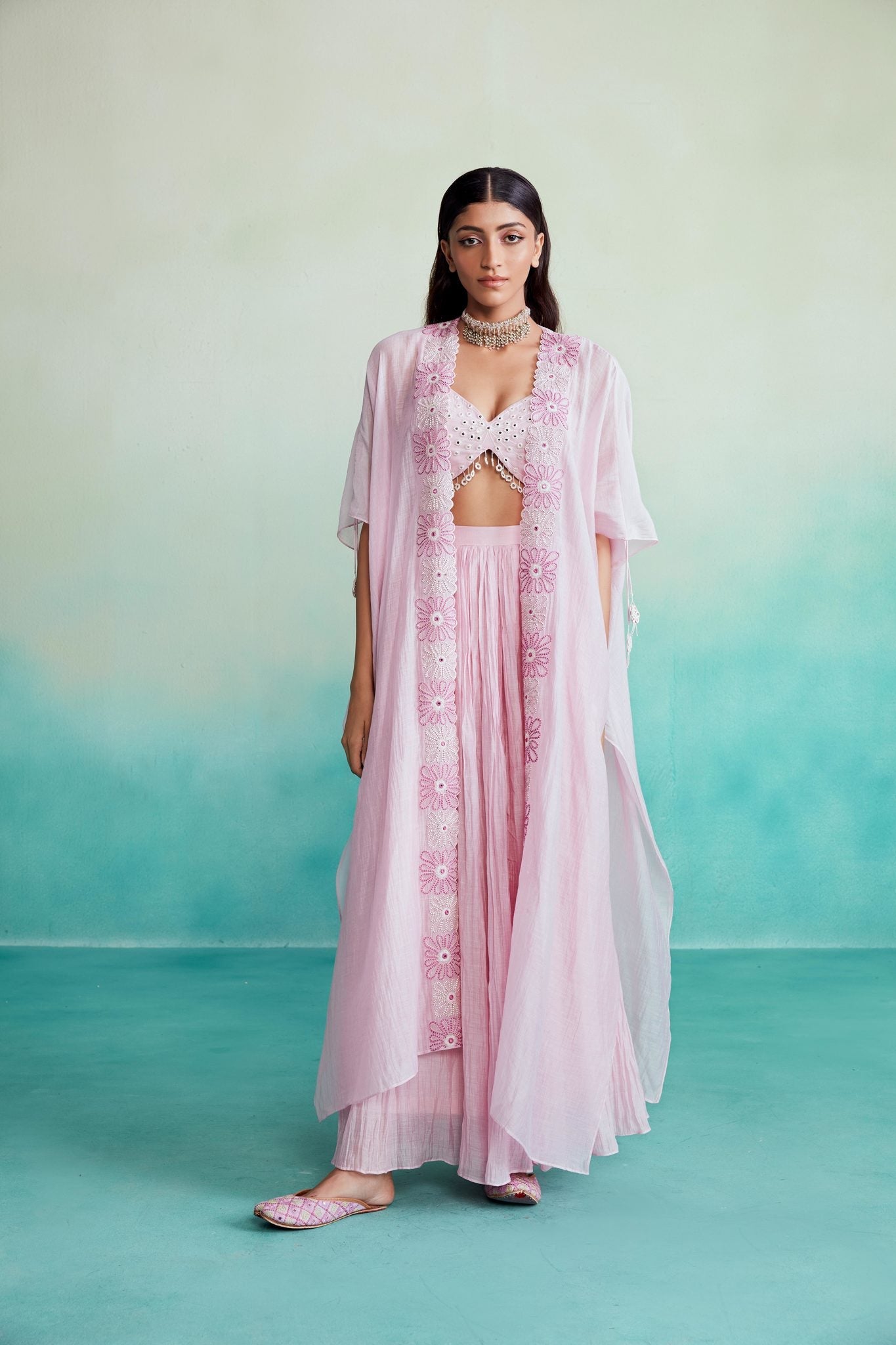 Fleuris jacket set - Orchid Pink Hand embroidered Jacket Crop-top & Sharara set