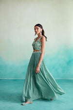 Load image into Gallery viewer, Nilaya skirt top set - Mint Hand embroidered Crop-top Skirt &amp; Dupatta set
