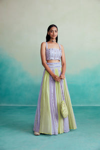 Amaya skirt top set - Lime & Lavender Hand embroidered pleated Skirt Top set