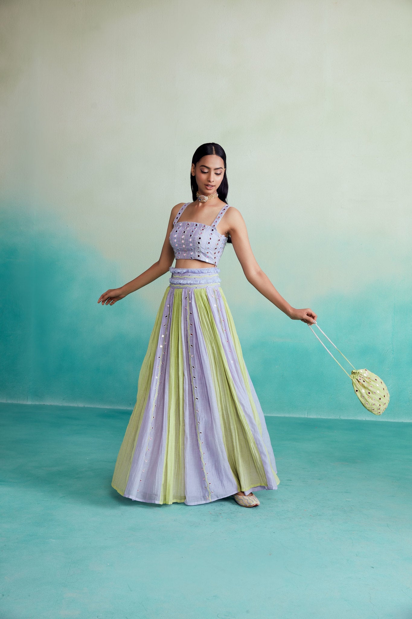 Amaya skirt top set - Lime & Lavender Hand embroidered pleated Skirt Top set