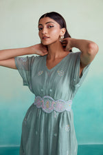 Load image into Gallery viewer, Aquarelle dress - Mint Kaftan Dress with hand embroidered Belt
