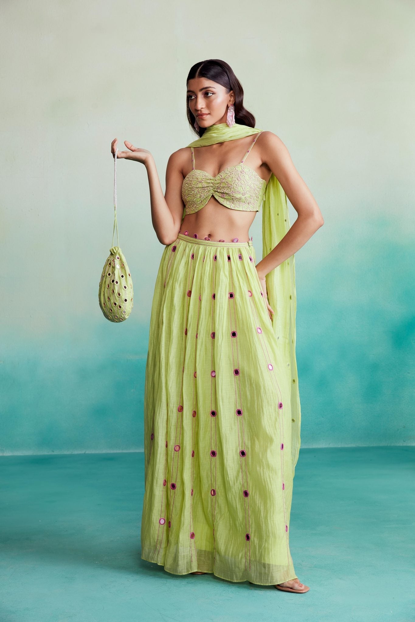 Citrus skirt top set - Lime Hand embroidered Skirt Top & Dupatta set