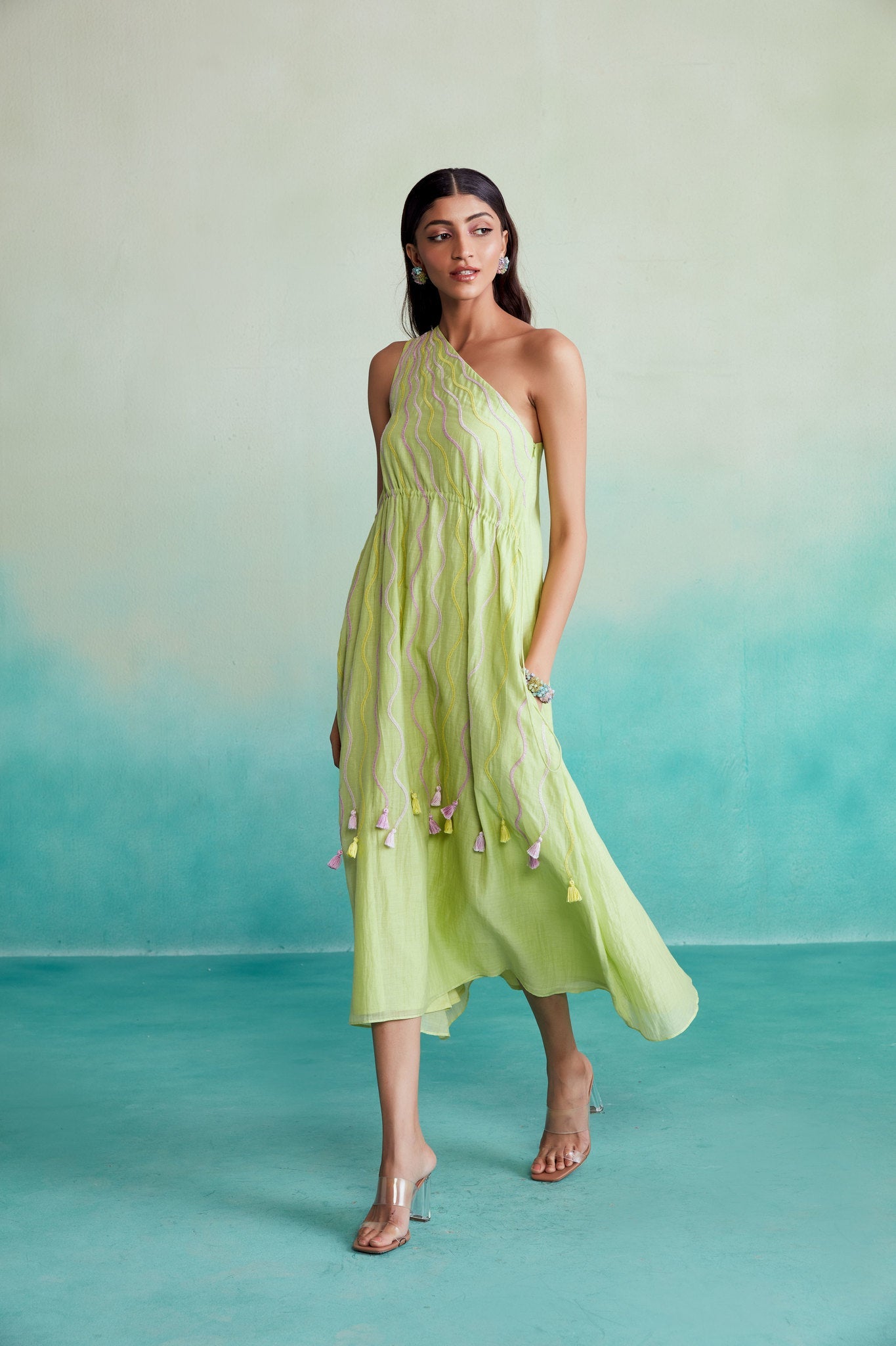 Vividora dress - Lime Hand embroidered one shoulder Dress