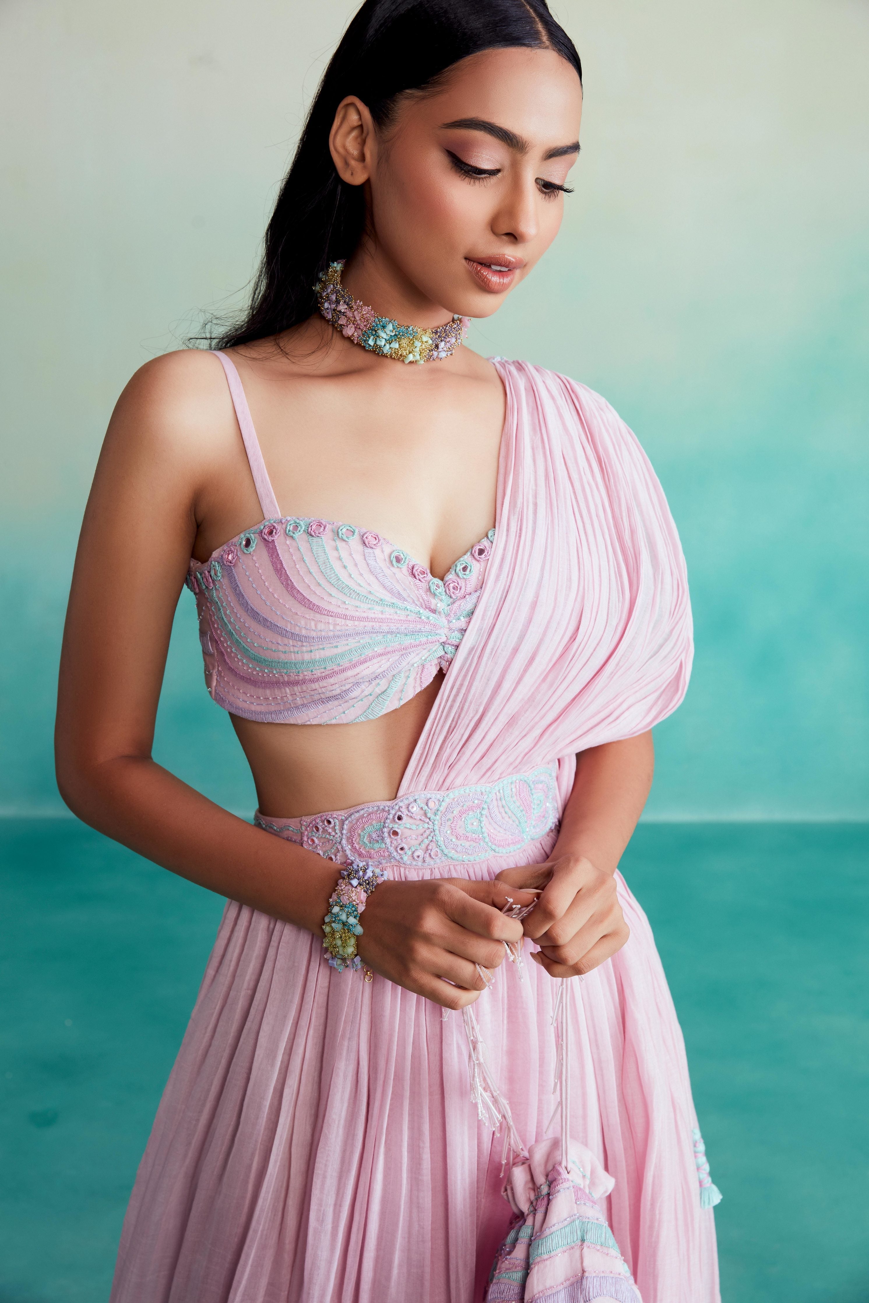 Bloomsy skirt saree set - Orchid Pink Skirt Saree set with hand embroidered bustier