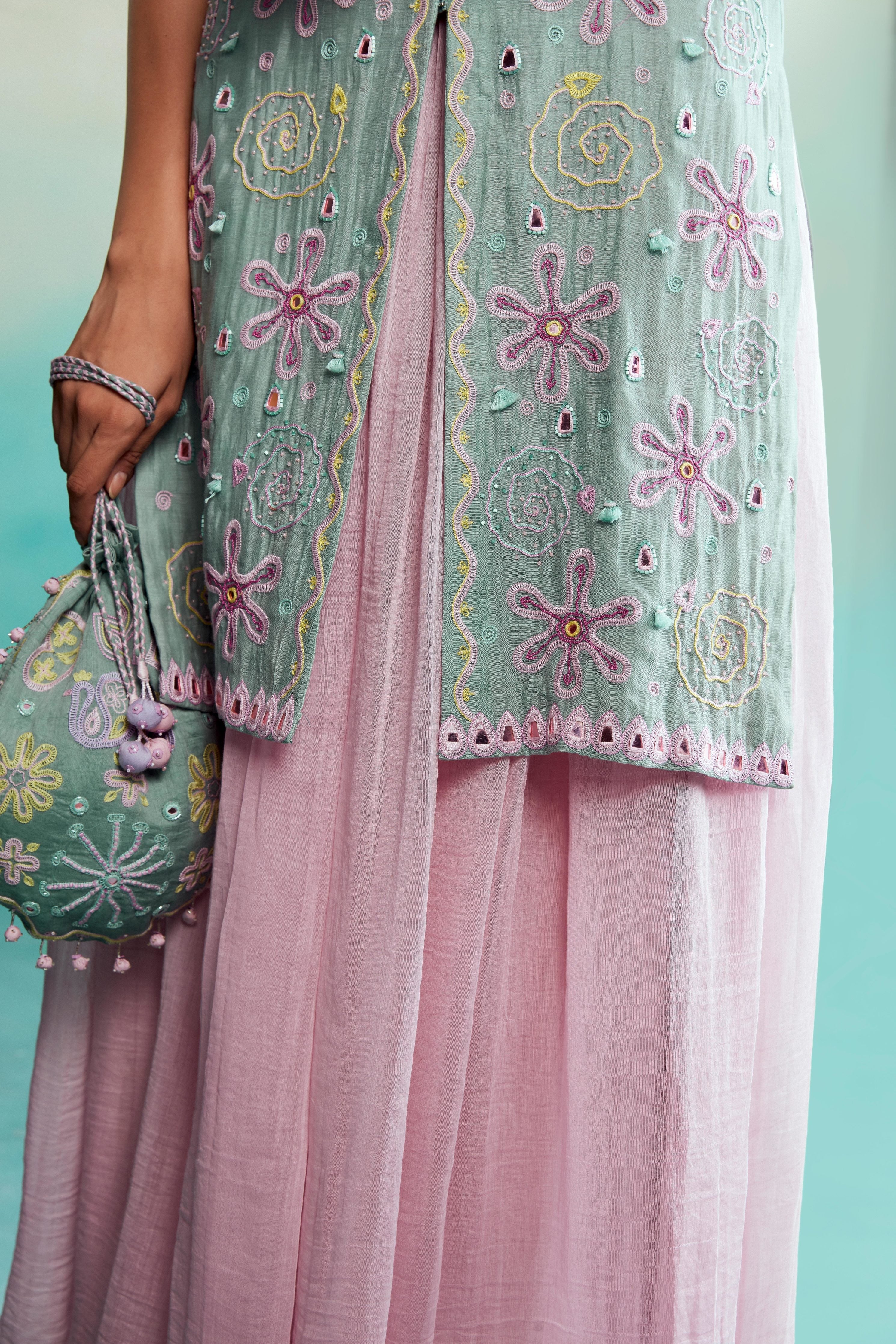 Celestial kurta sharara set - Mint Hand Embroidered Kurta with Orchid Pink gathered Skirt