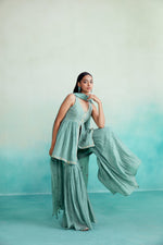 Load image into Gallery viewer, aquamarine kurta sharara set - Mint Hand embroidered gathered Kurta Sharara &amp; Dupatta set
