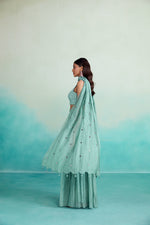 Load image into Gallery viewer, Spearmint sharara set - Mint Hand embroidered Crop-top Sharara &amp; Dupatta set
