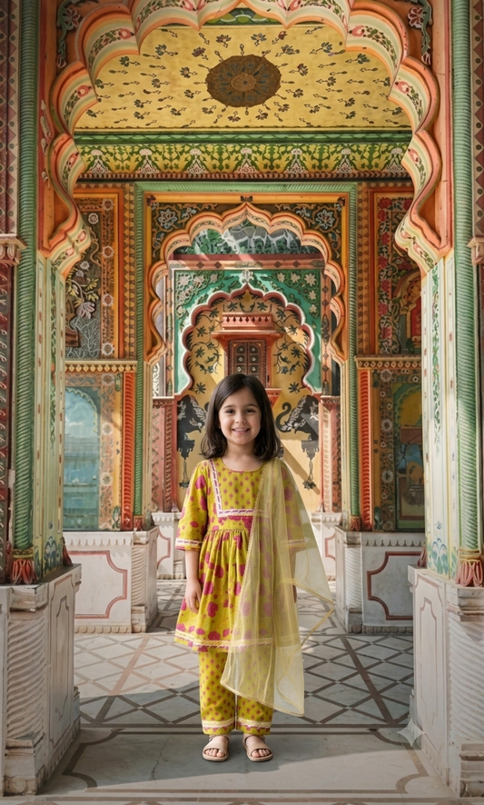 A young girl stands smiling in a traditional Indian outfit with a green kurta and matching pants, draped with a sheer yellow dupatta, set against an ornate, highly decorated architectural background with arches and painted details.