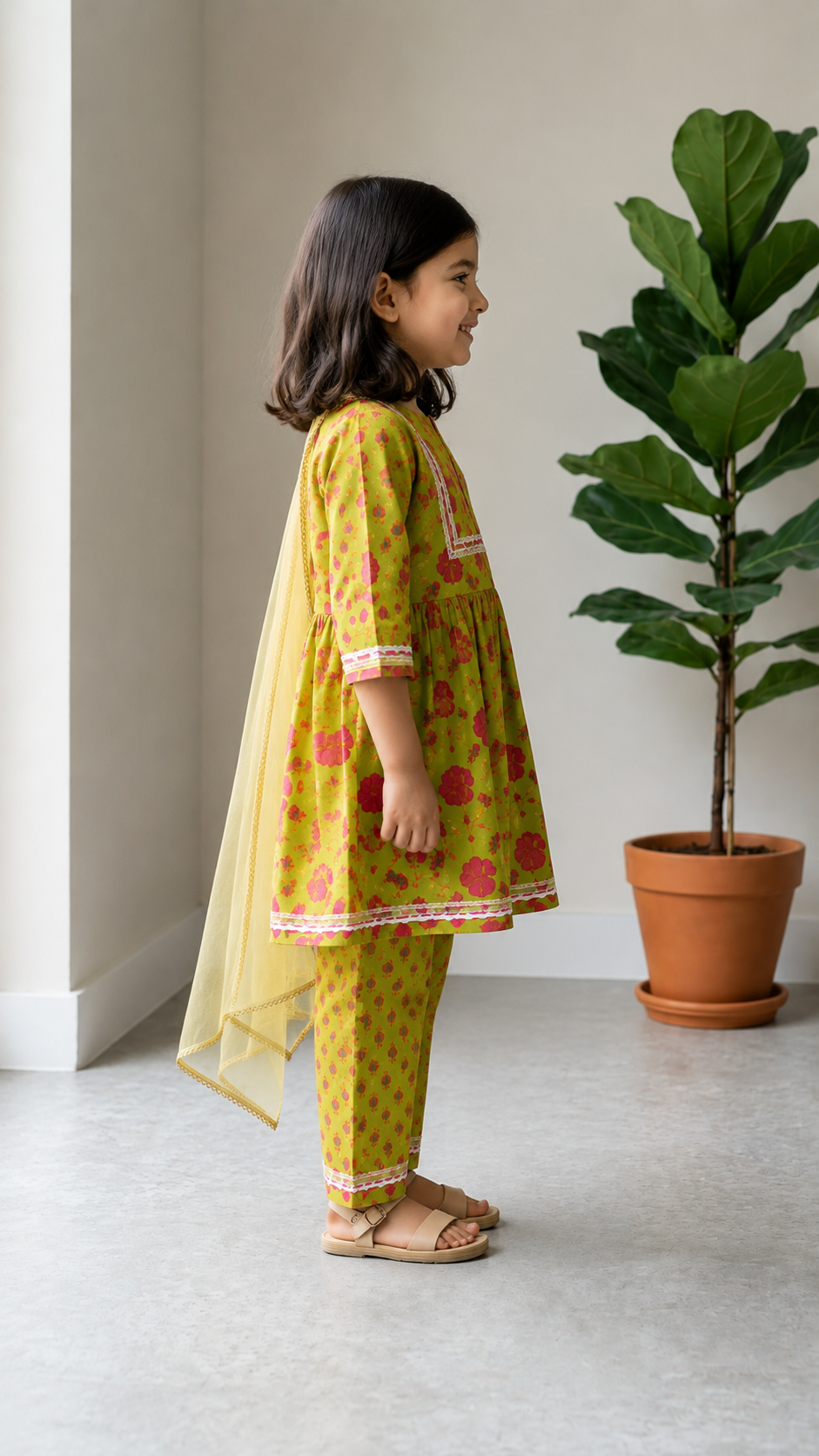 A young girl wearing a green traditional peplum kurta with pink floral patterns and a sheer yellow dupatta.The outfit has a matching payjama with pink floral motifs. 