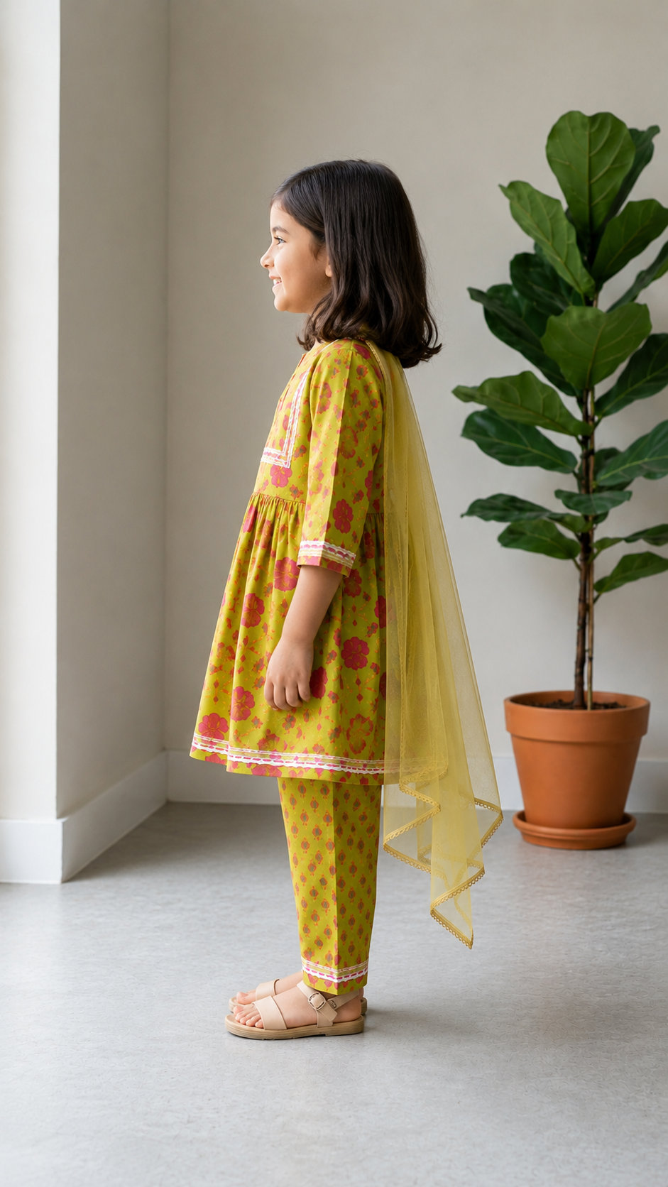 A young girl wearing a green traditional peplum kurts with pink floral patterns and a sheer yellow dupatta.The outfit has a matching payjama with pink floral motifs. 