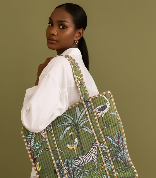 green zebra print cotton tote bags from jaipur