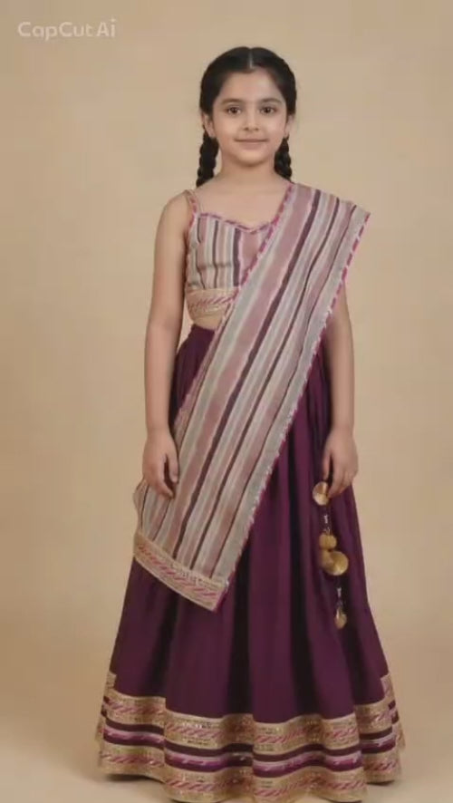 Burgundy lehenga with striped blouse and dupatta