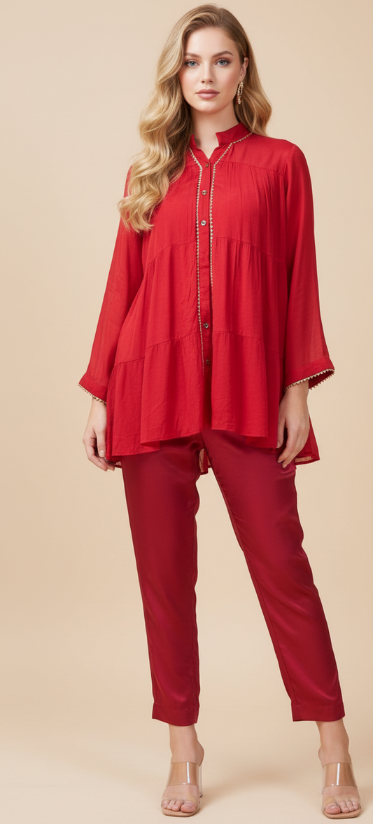 Red Mandarin Collar Top With Trouser with light gold work