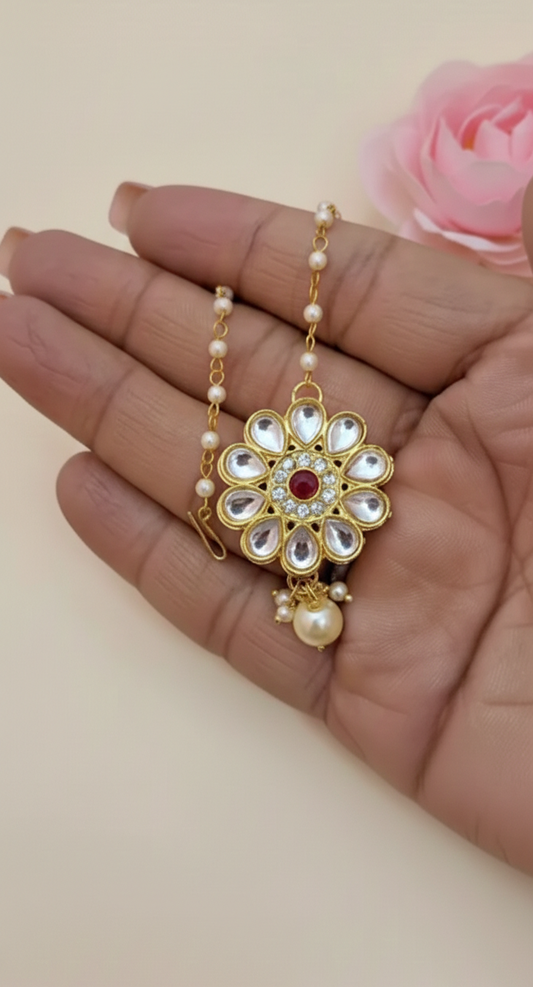 Red Floral Kundan and Pearl Maang Tikka for Little Girls