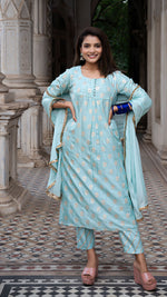 Load image into Gallery viewer, AARYAH POWDER BLUE KURTA SET IN SILK (Kurta + Pants + Dupatta)
