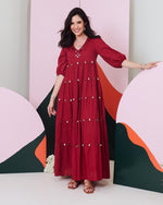Load image into Gallery viewer, Piku Maroon Mirror Embroidered Tier Maxi Dress
