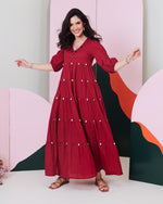 Load image into Gallery viewer, Piku Maroon Mirror Embroidered Tier Maxi Dress
