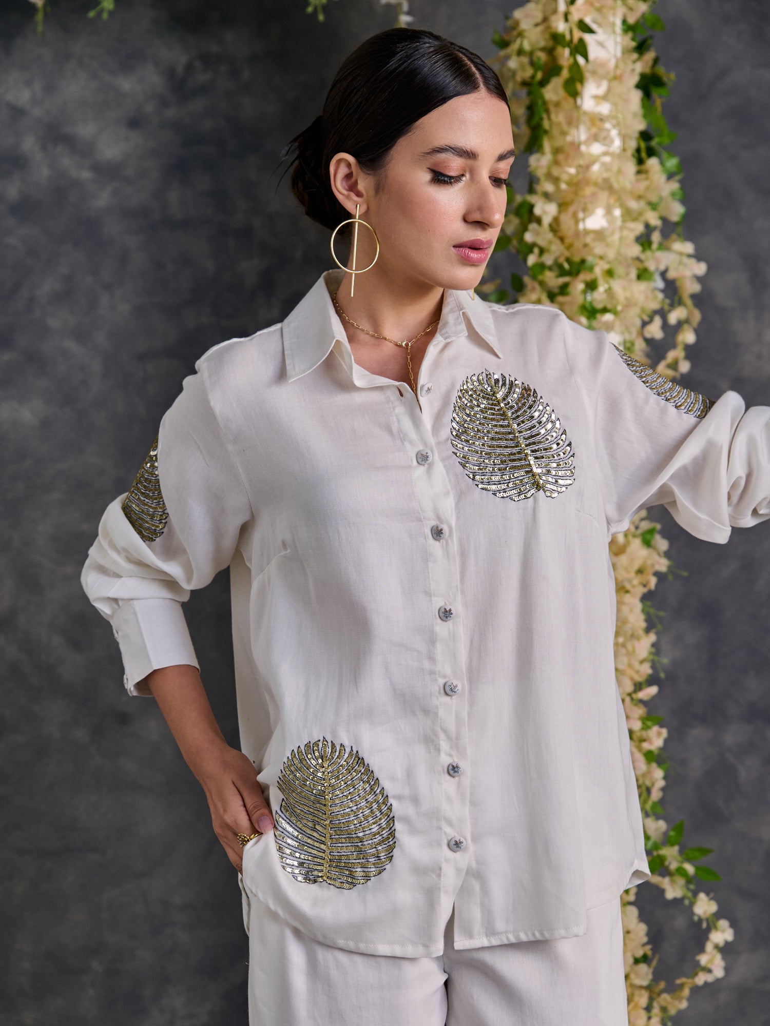 Diyu Sequin Embroidered White Co-Ord Set