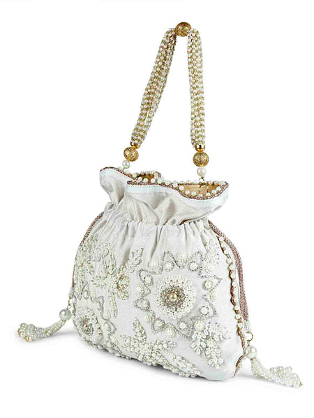 Fairy White Designer Potli Bag, Handbag With Threadwork, Pearl Handle,  Sequin Work, Beaded Work and Spacious for Wedding and Ethnic Wear. - Etsy
