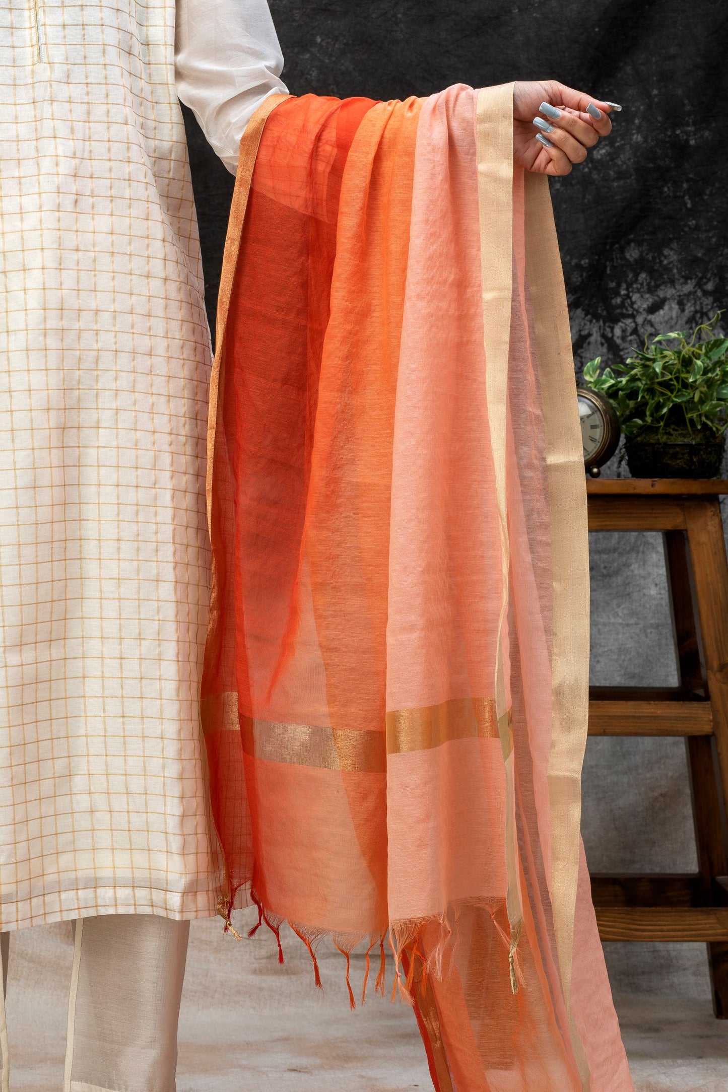 Handwoven Cotton Chanderi Shaded Dupatta with Zari Trims