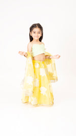 Load image into Gallery viewer, Yellow organza lehnga set with green top
