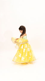 Load image into Gallery viewer, Yellow organza lehnga set with green top
