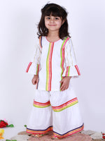 Load image into Gallery viewer, WHITE SHARARA SET WITH MULTICOLOUR STRIPES
