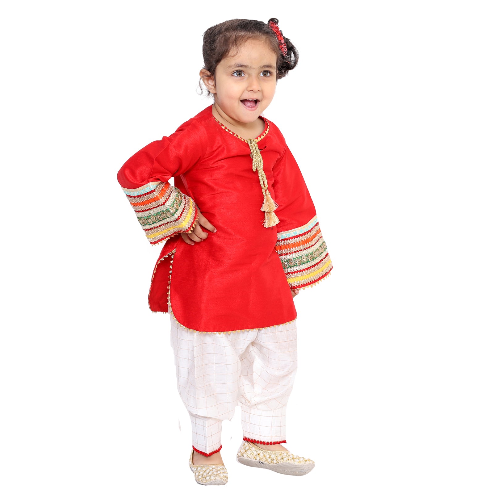 Red bell sleeved kurta with salwar