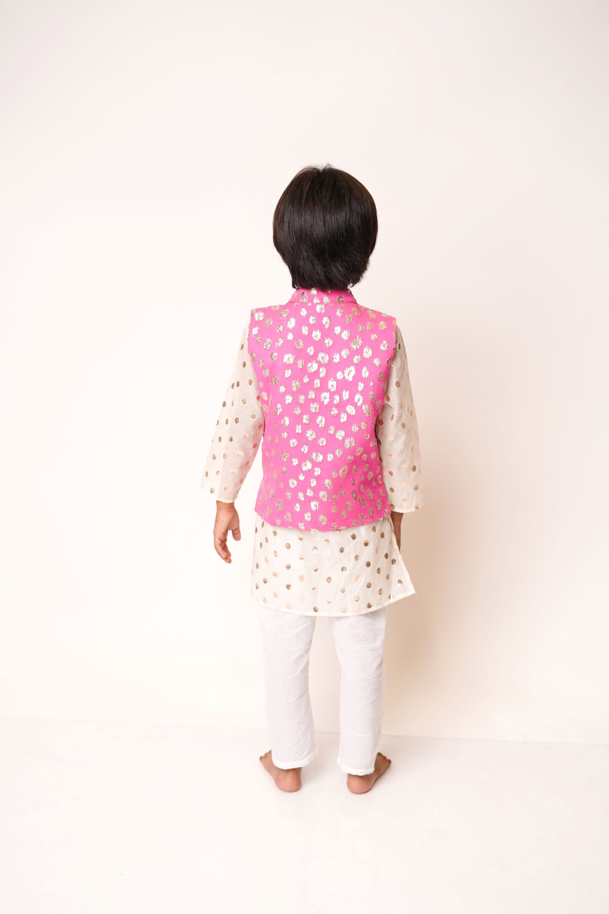 White Kurta Pink Zari Jacket with White Pajama