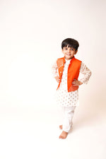 Load image into Gallery viewer, White Kurta Orange Jacket with White Pajama
