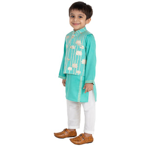 Turqouise Golden Lotus Nehru Jacket with Kurta Set