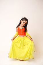 Load image into Gallery viewer, Orange Top with Neon Green Lehnga Set
