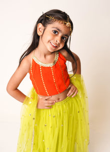 Orange Top with Neon Green Lehnga Set