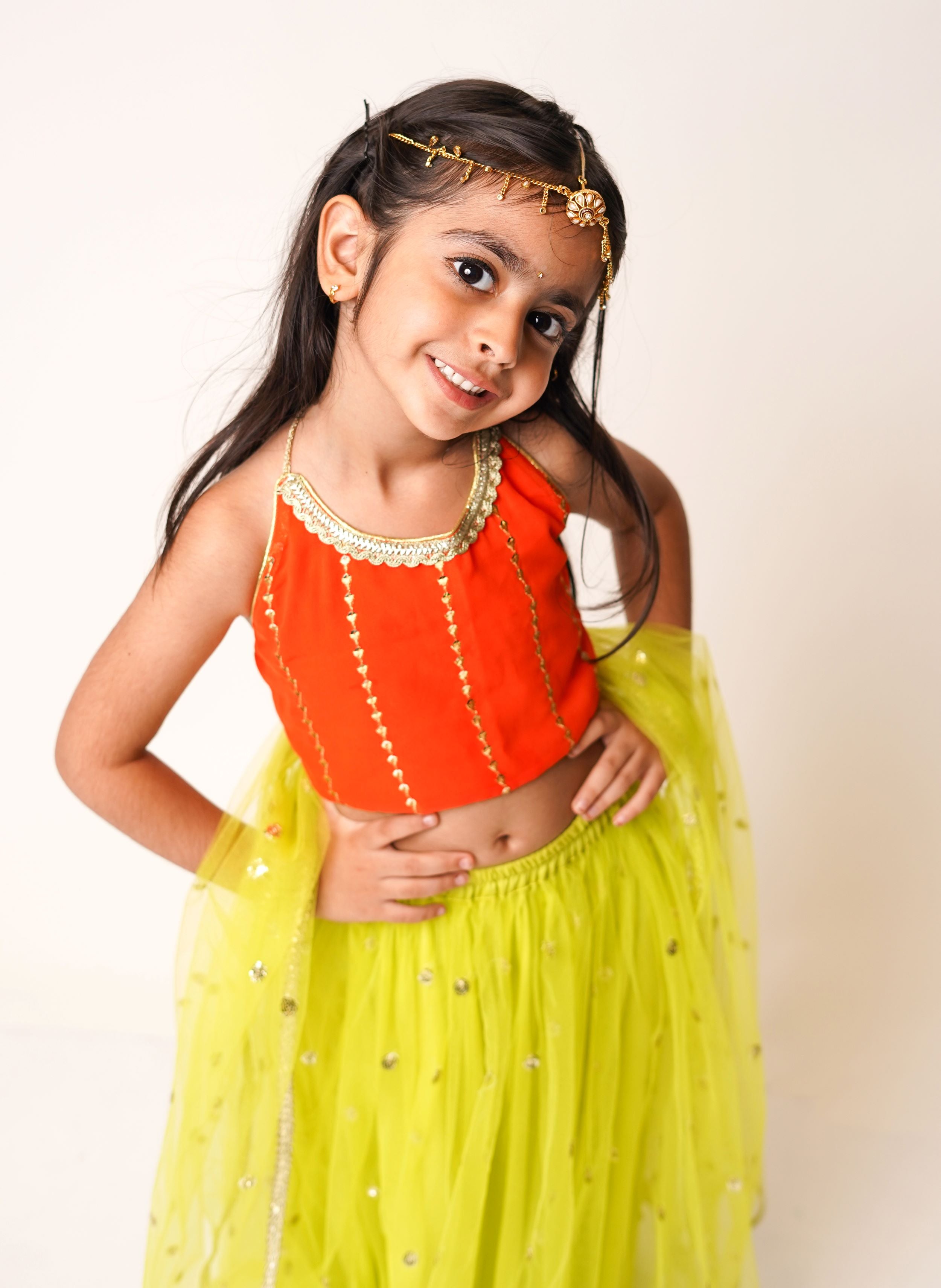 Orange Top with Neon Green Lehnga Set