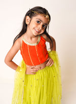 Load image into Gallery viewer, Orange Top with Neon Green Lehnga Set
